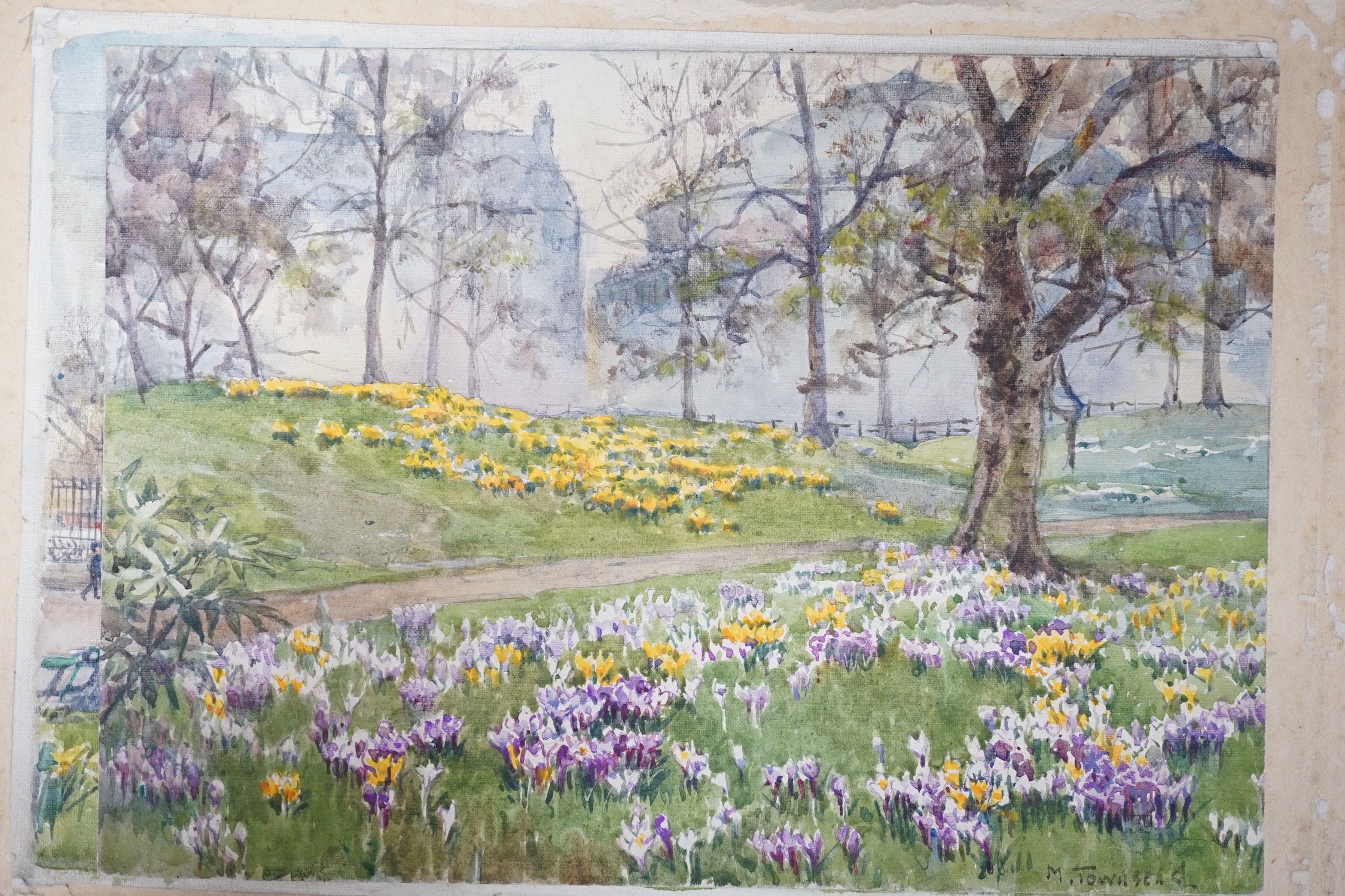 Harold Samuel Merritt and May Townsend, five watercolour landscapes by Merritt, Westmorland, Brittany and Shoreham Kent, largest 28 x 40cm, and two London Park views by Townsend, Kensington Gardens and Marble Arch, large